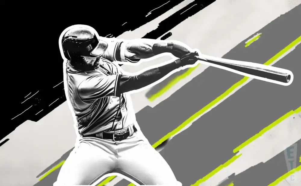 A baseball player swings a bat against a dynamic, graphic background with black, white, and gray elements.