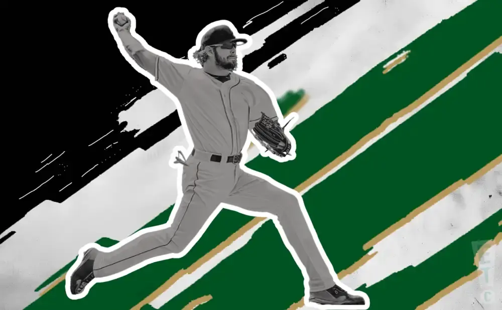 A baseball pitcher in a gray uniform mid-throw, against a background of black, green, and white stripes.