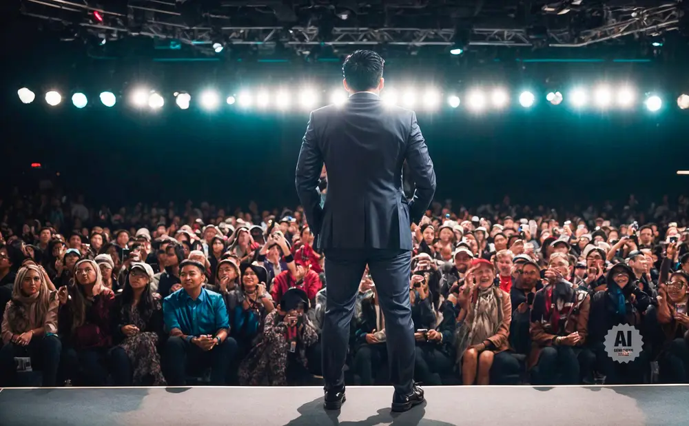 Man in suit on stage facing large audience, lights shine from above.