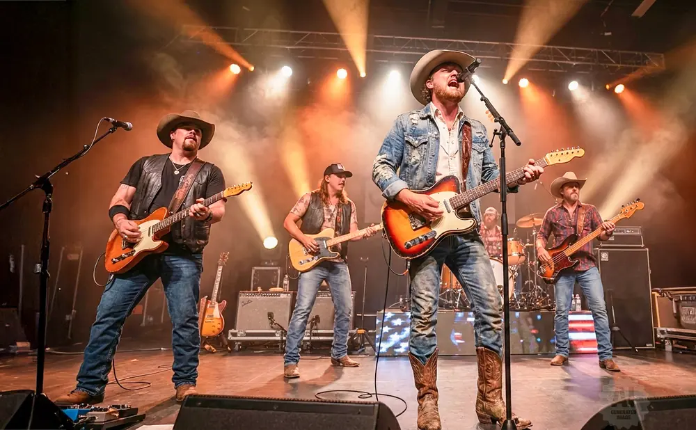 Country band performing on stage, wearing cowboy hats and jeans, playing guitars and bass.