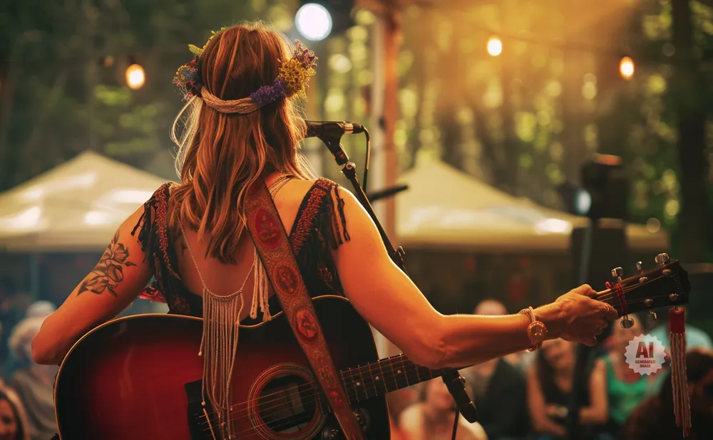 Woman with flower crown plays guitar on stage, with audience in background.
