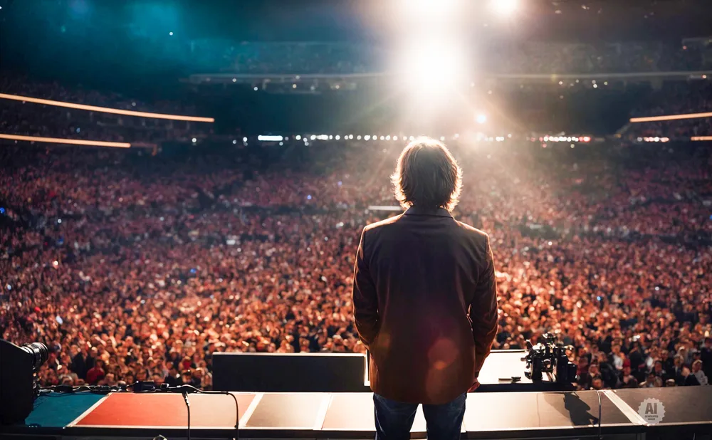 A person in a brown jacket stands on a stage facing a large, lit-up stadium crowd.