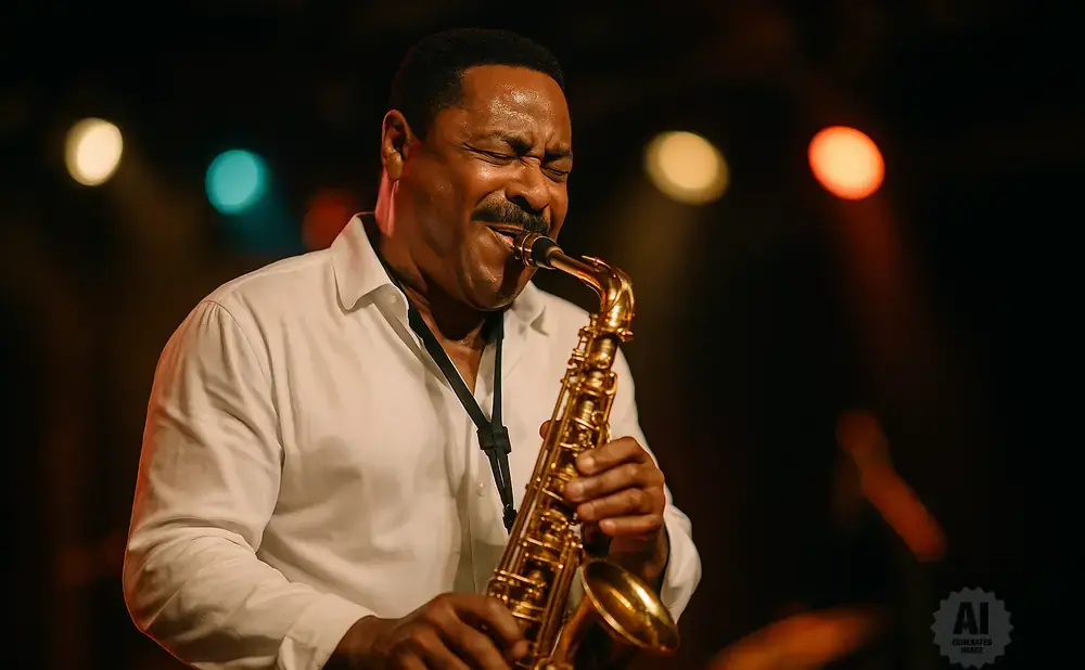 A Black man plays a saxophone on stage with colorful lights in the background.