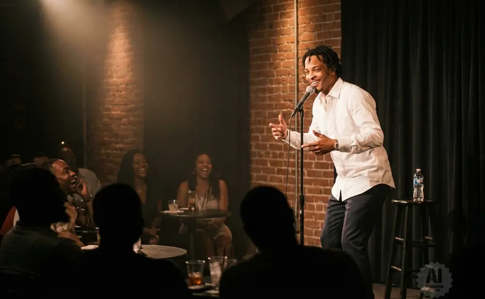 A male comedian tells jokes to a laughing audience in a dimly lit brick room.
