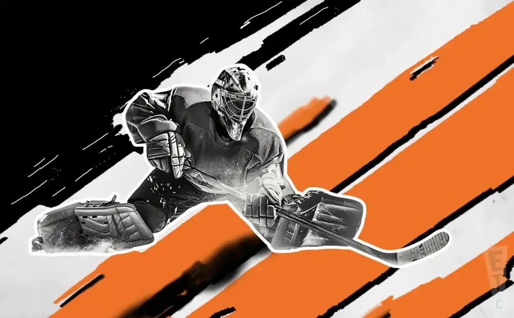 Hockey goalie in a crouched stance, stick extended, with a dynamic black and orange background.