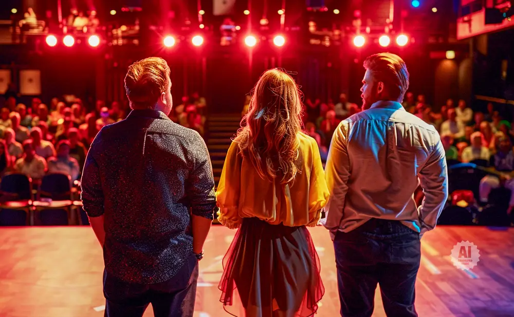 Three performers on stage face an audience, with red stage lights illuminating them.
