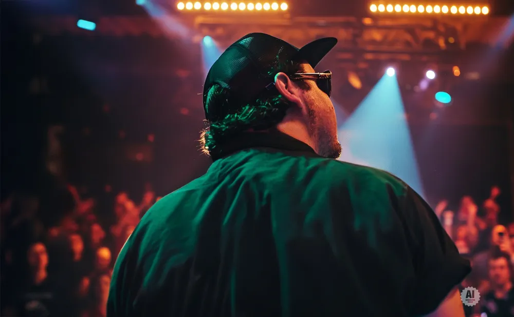 A person in a black baseball cap and sunglasses on stage facing away from the camera with a crowd in the background.