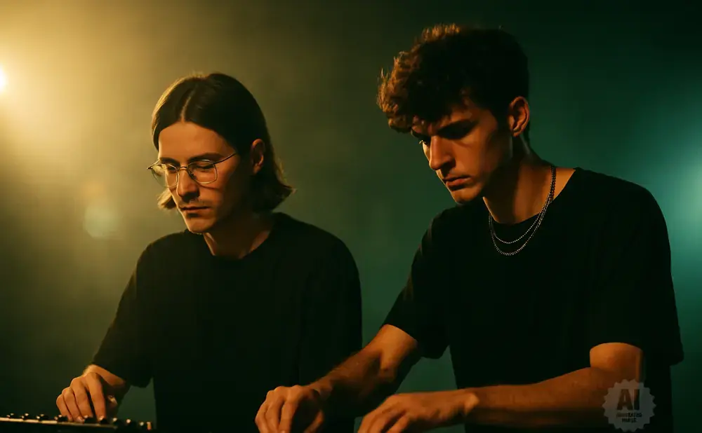 Two young men with dark shirts working on electronic music equipment in a dimly lit room with green and yellow lighting.