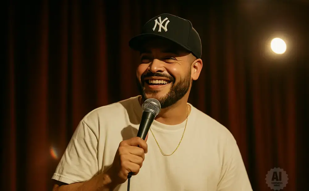 A man in a baseball cap and white t-shirt laughs while holding a microphone on stage.