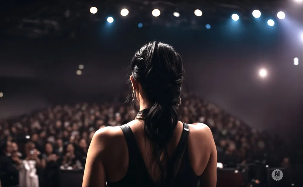 Woman with dark hair in a ponytail, facing a large audience in a dimly lit venue, with stage lights overhead.