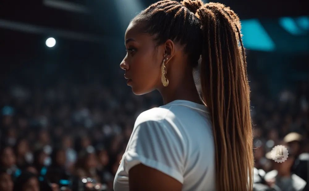 A Black woman with dreadlocks in a high ponytail, wearing a white t-shirt and large gold earrings, faces away from the camera in front of a blurred audi…