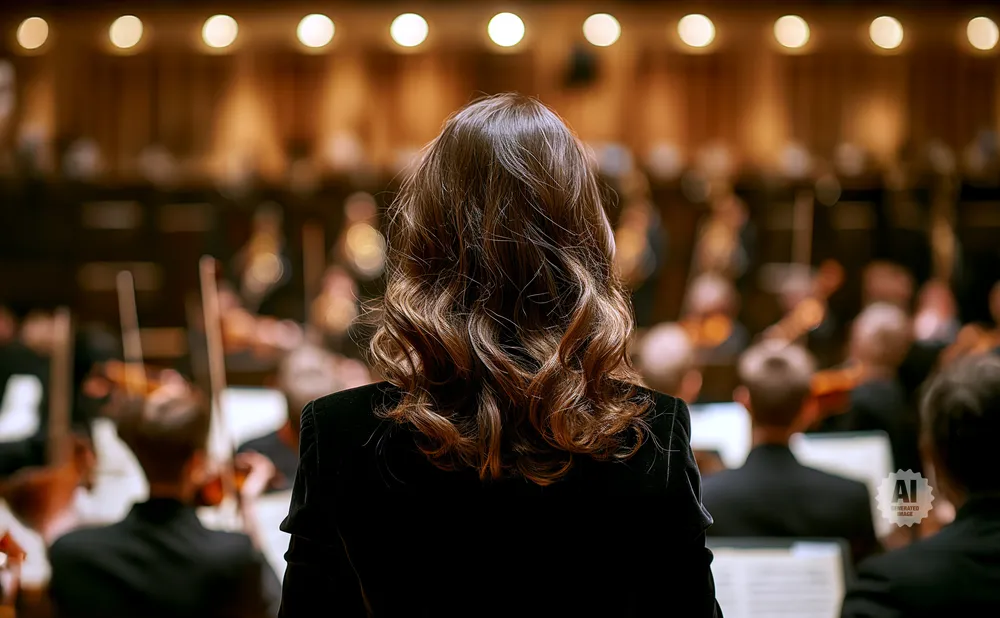 Woman's back with wavy brown hair, facing an orchestra.