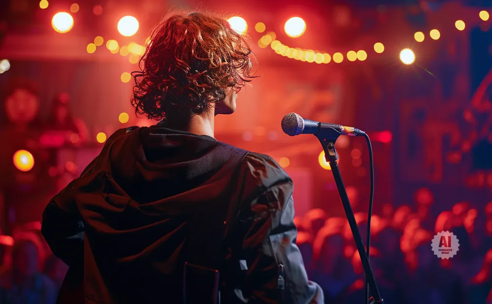 Musician with curly hair on stage facing a microphone, with blurred audience and red/yellow lights in the background.