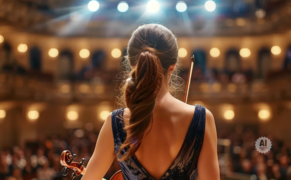 A violinist performs on stage in a dimly lit concert hall.