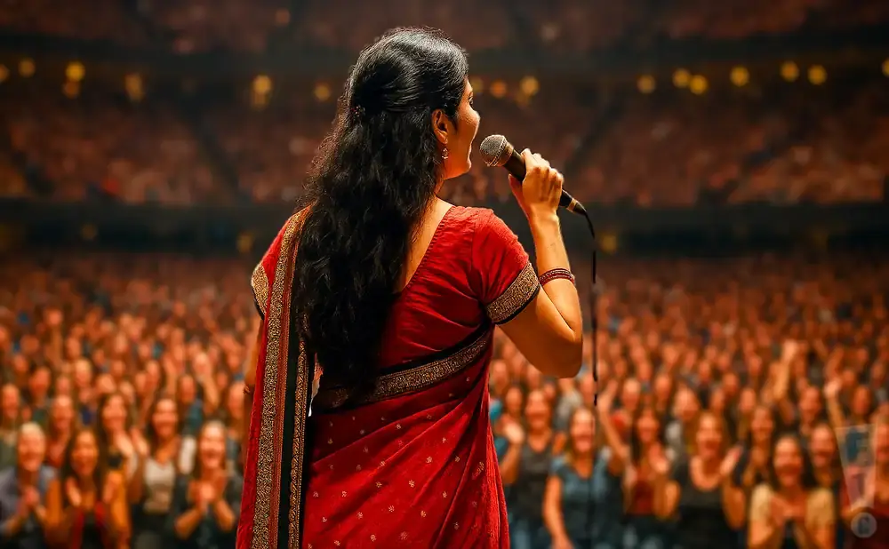 A woman in a red sari sings into a microphone on a stage in front of a cheering audience.
