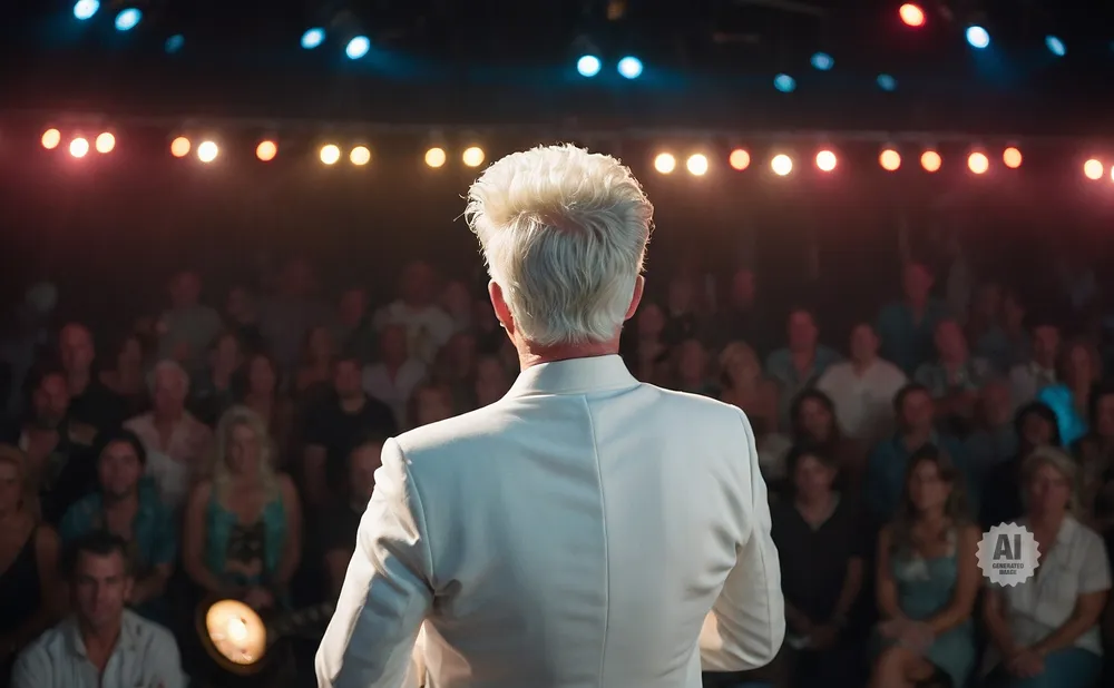 Man with white hair in a white suit faces away from camera, on stage before a blurred audience.