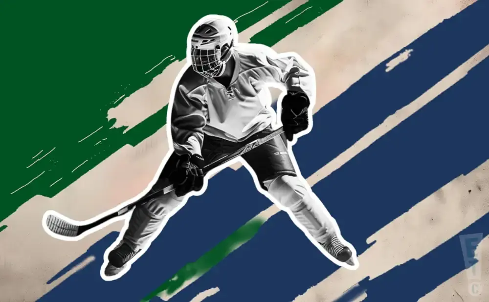 A hockey player in full gear skates across a background with green and blue stripes.