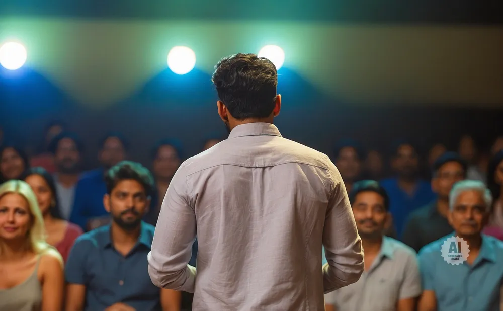Man in light gray shirt speaking to an audience under spotlights.