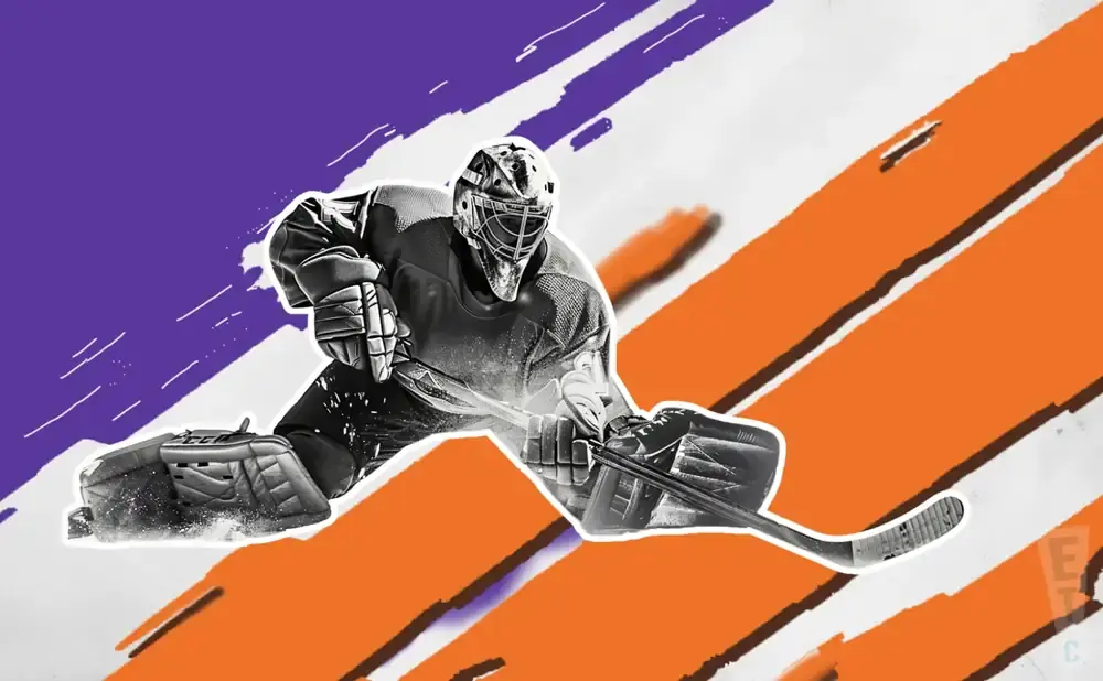A hockey goalie in a crouch, ready to make a save, with a purple and orange abstract background.