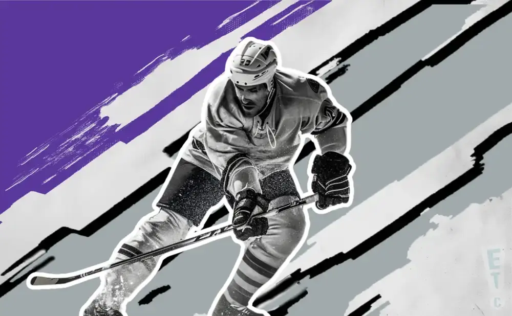A hockey player in black and white, with purple and gray abstract background elements.
