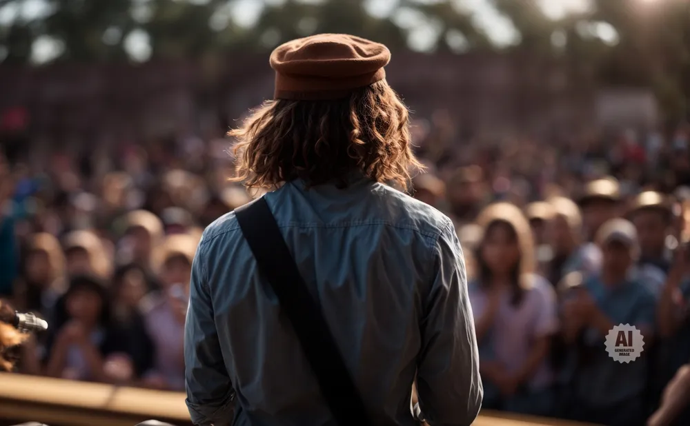 Man with long hair and brown hat facing crowd at an outdoor event.