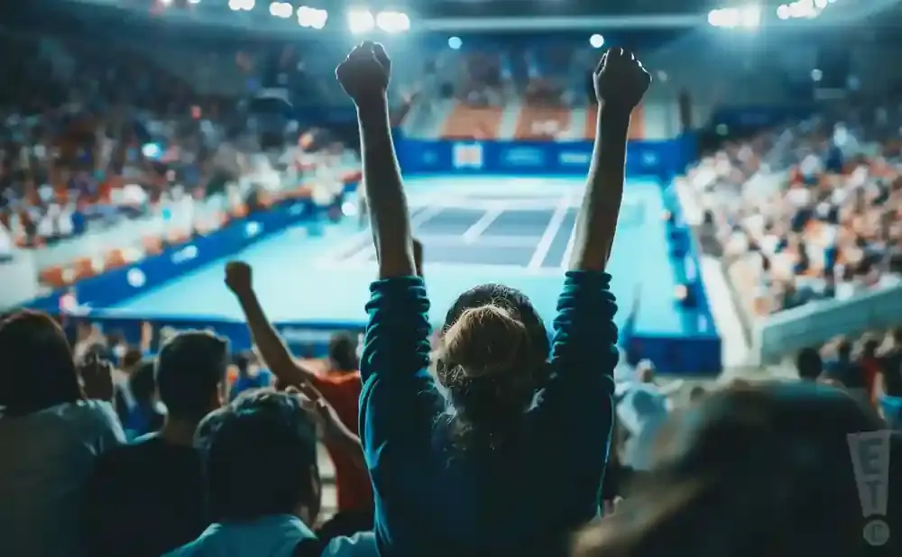 Spectators cheer with arms raised at a sporting event.
