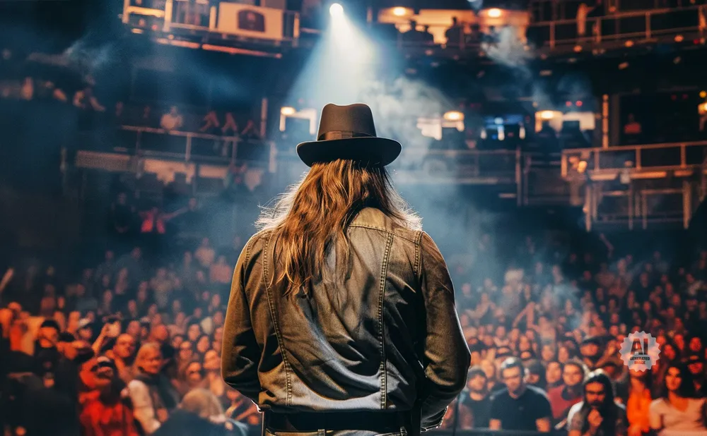 A person in a hat and denim jacket stands on stage, facing a large, cheering crowd at a concert.