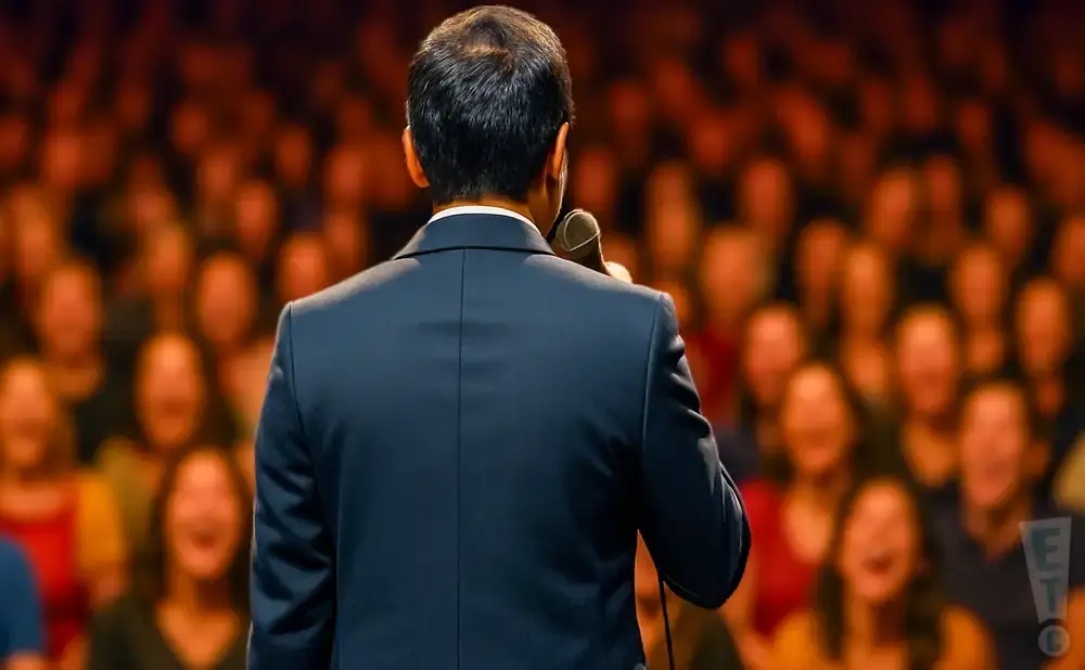 A person in a suit speaks into a microphone to a blurry, laughing audience.
