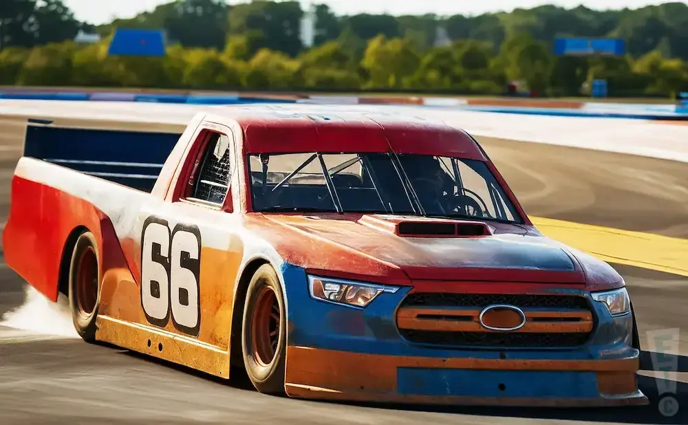 A #66 race truck with red and orange paint speeds around a track.