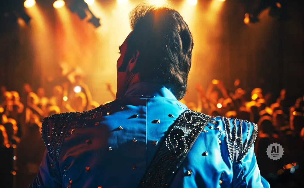 Back view of a performer in a sparkly blue jumpsuit on stage with a cheering crowd.