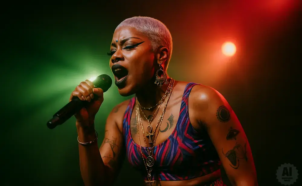 A woman with short, light hair sings into a microphone, her mouth open, with green and red stage lights illuminating the scene.