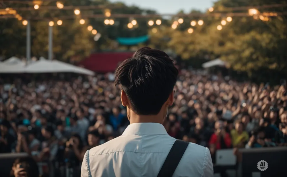 Man in white shirt facing a large, blurred crowd at an outdoor concert under string lights.