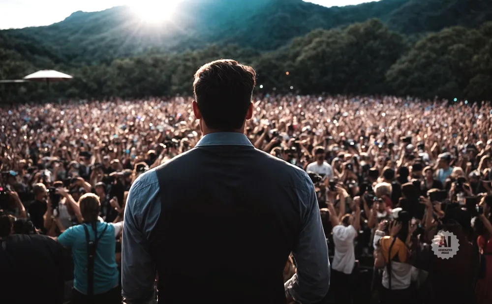 Man in a vest facing a large crowd with hands raised, a sunny, mountainous background.