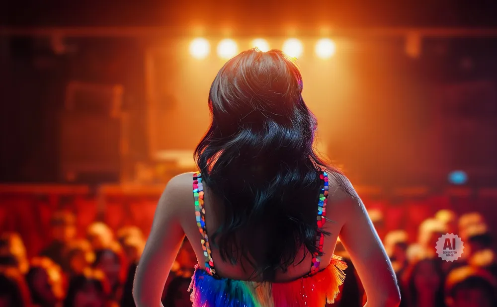 A person in a colorful outfit stands on a stage with lights and a blurred audience.