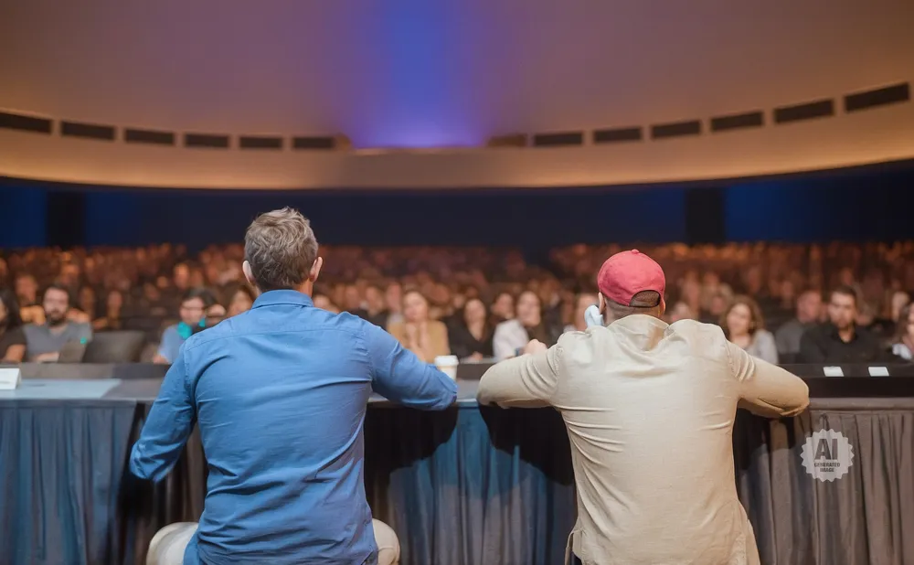 Two men stand facing a large audience in a theater, with one wearing a blue shirt and the other a beige shirt and red hat.