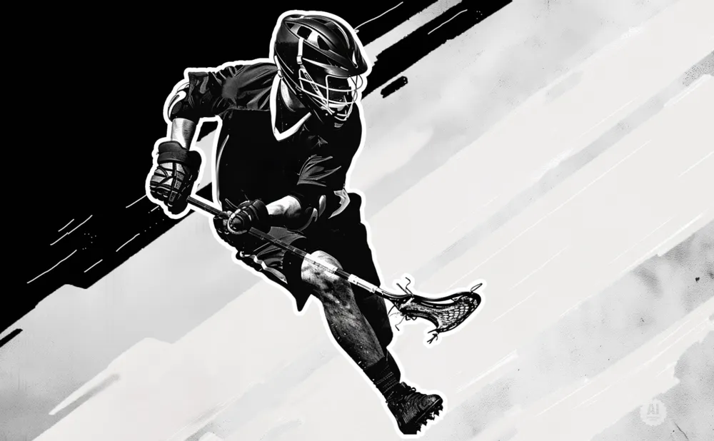 Black and white illustration of a lacrosse player in motion.