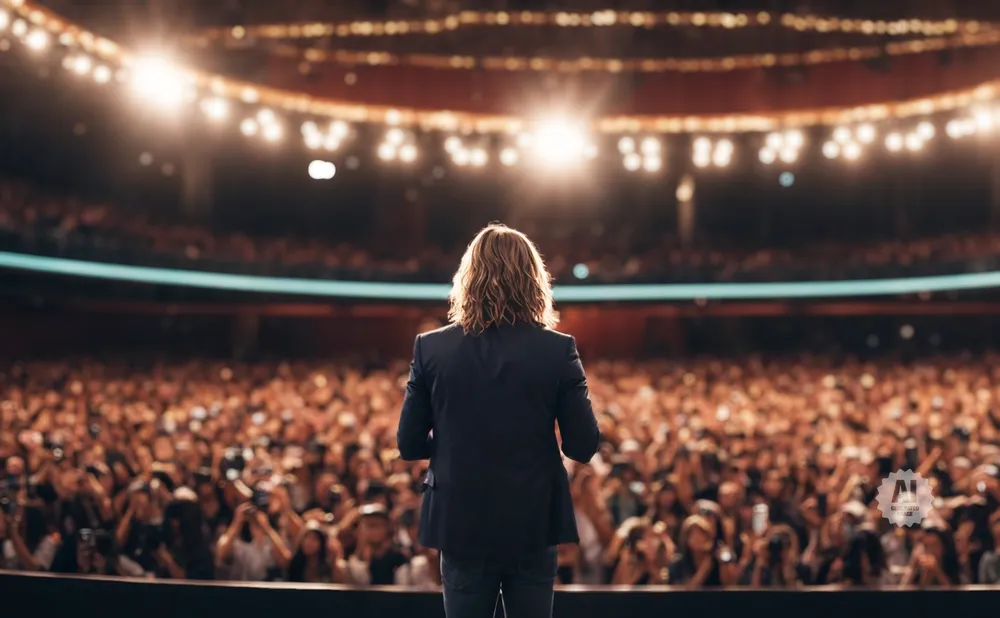 A person with long, wavy hair in a dark suit stands on a stage facing a large, blurred audience in a brightly lit auditorium.