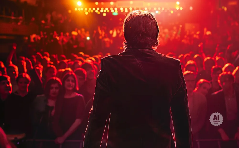 Man in a suit stands on stage facing a cheering crowd lit by red and orange lights.