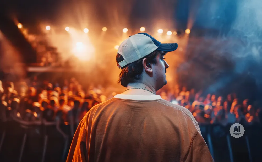A person in a cap and brown shirt stands facing a crowd at a concert with bright stage lights.