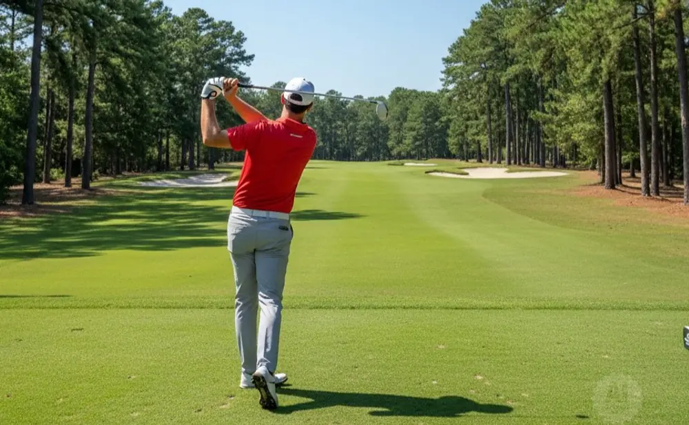 Golfer in red shirt and gray pants swings club on a sunny golf course fairway.
