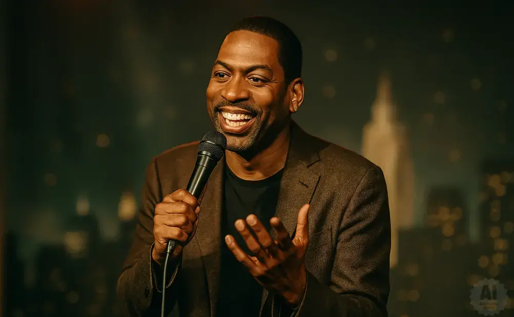 A Black man in a suit smiles while holding a microphone and gesturing with his hands.