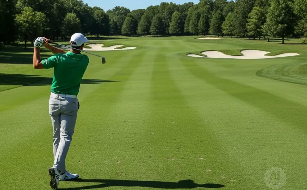Golfer in green shirt swings club on a well-maintained golf course with sand traps and trees.