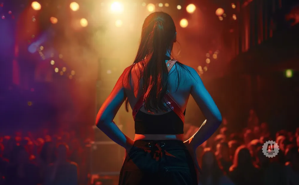 A woman in a black crop top and pants stands with her back to the camera on a stage, bathed in red and blue lights.