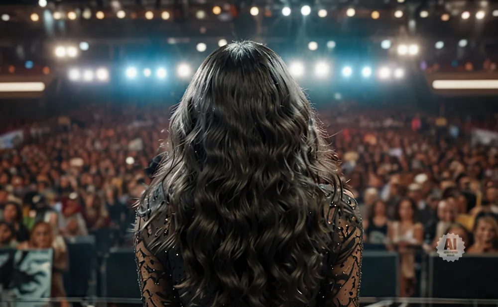 Back of a person with long, dark, wavy hair on a stage, facing a large, blurred audience under bright lights.