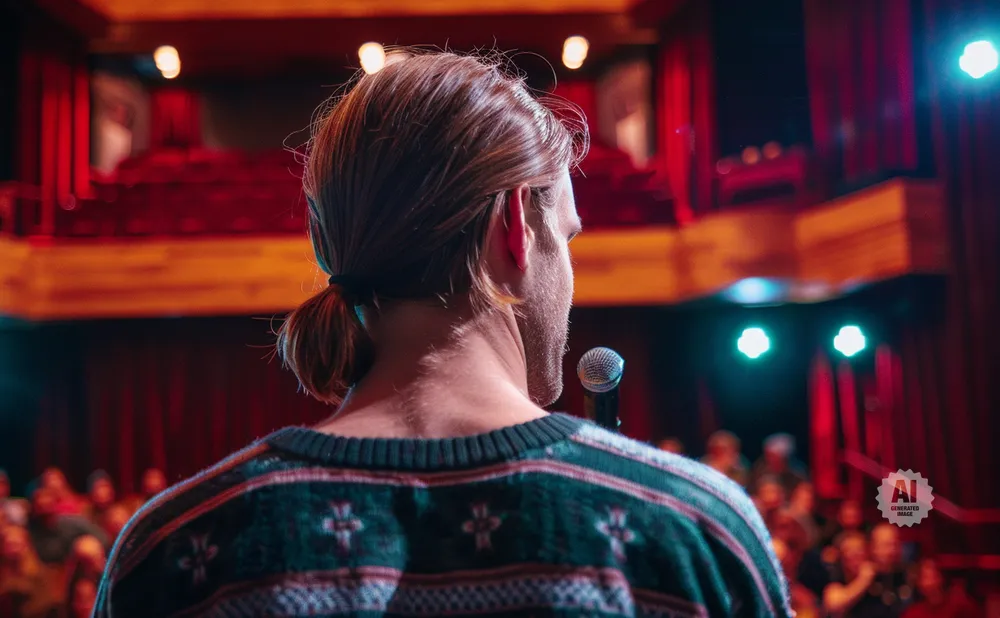 Back of a man with a ponytail, wearing a patterned sweater, facing a crowd on a stage with a microphone.