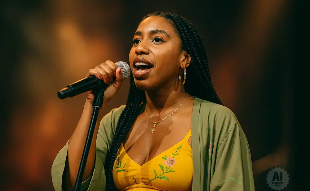 A Black woman with braided hair sings into a microphone on stage, wearing a yellow floral top and a green open robe.