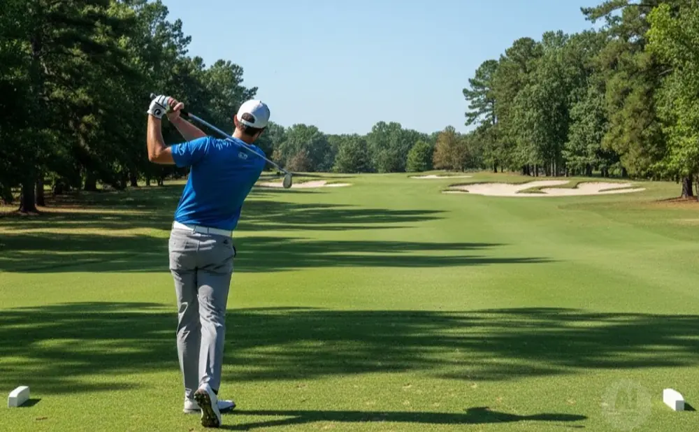 Golfer swings on a sunny golf course with trees and sand traps in the background.