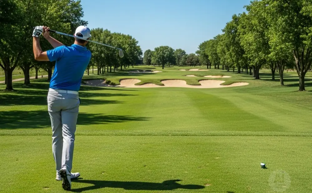 Golfer in blue shirt swings club on a green golf course with sand traps and trees.
