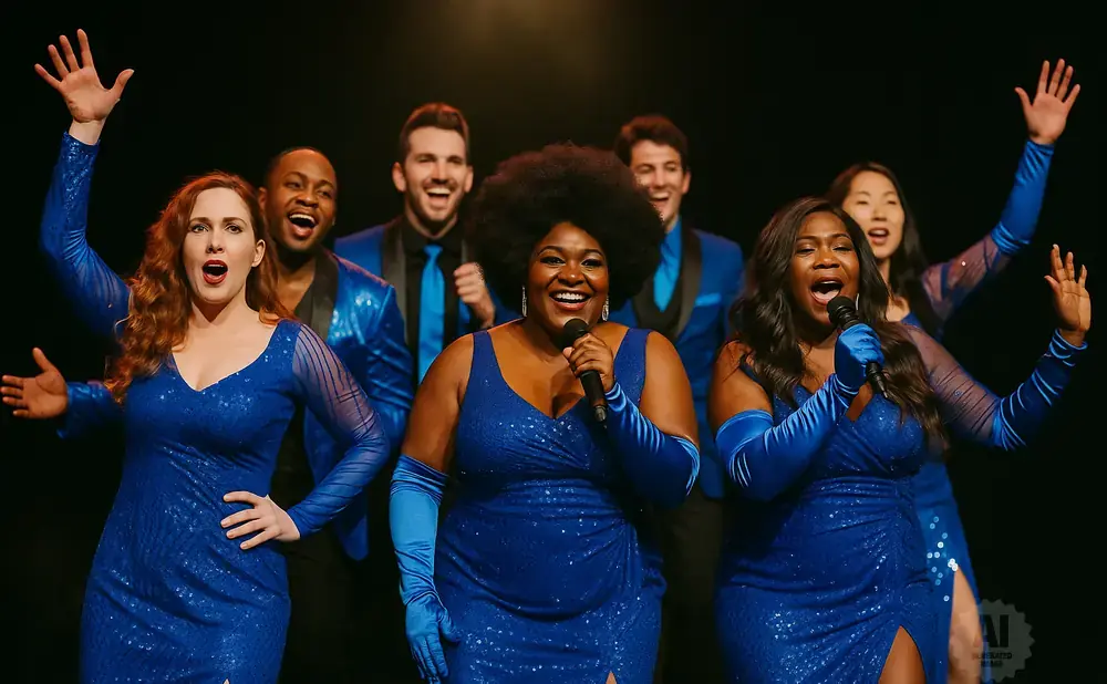 A group of seven singers in dazzling blue sequined outfits perform onstage, with two women in the foreground holding microphones.