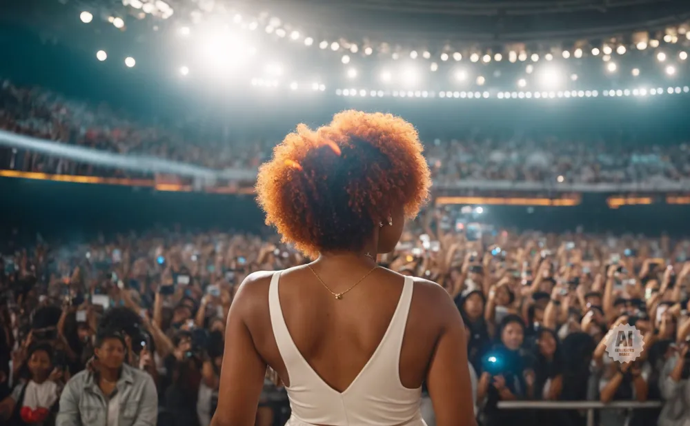 A woman with curly orange hair faces a cheering crowd in a stadium, illuminated by stage lights.